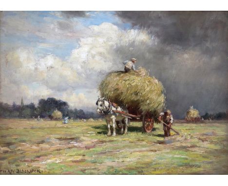 William Kay Blacklock (1872-1924) Loading the hay carts Signed Oil on panel 21 x 28.5cm; 8½ x 11¼in ++Good condition 