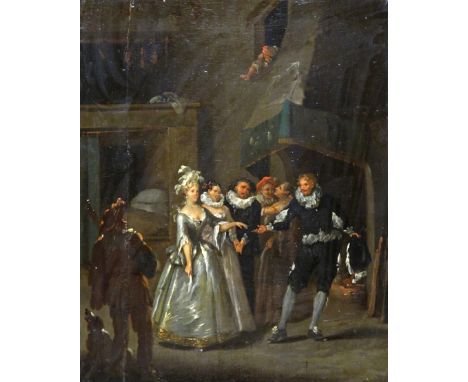 Flemish School 18th Century Elegant figures in an interior Oil on panel 29.5 x 24cm; 11½ x 9½in ++Panel bowed, panel join vis