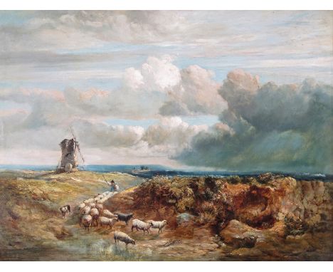 H. Sherbourne (Late 19th Century) Sheep on a track by a windmill Signed and dated ~59 Oil on canvas 46 x 61cm; 18 x 24in ++Li