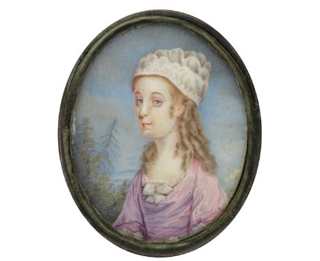 λ English School c. 1800 Portrait of Charlotte St. John half length, facing left, in a landscape Oval in a red leather case 7