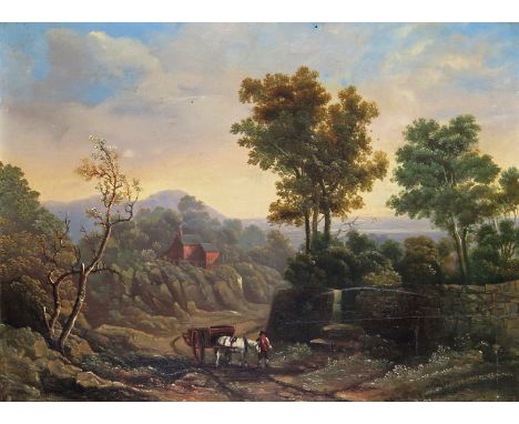English School early 20th Century Figure with a horse and cart in a landscape Oil on panel 30.5 x 40.5cm; 12 x 16in ++Fine cr