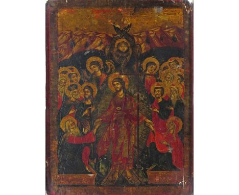 Byzantine School 19th Century  The Resurrection Oil on panel 36 x 27cm; 14 x 10½in ++Quantity of woodworm damage to back and 