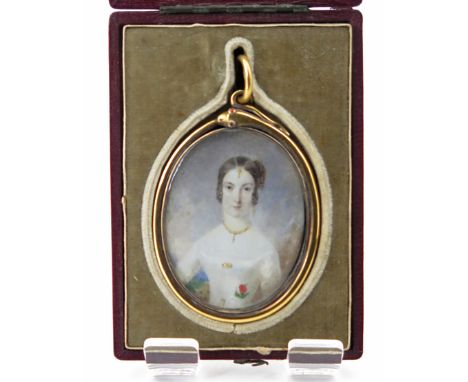λ English School c. 1840 Mrs Elizabeth Barchard, 2nd wife of Charles Fassett Burnett, d. 1869 Oval, in a gold frame with serp
