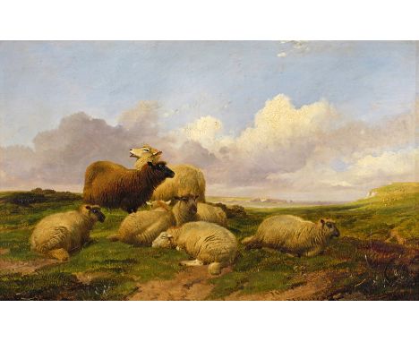 Thomas Sidney Cooper R.A. (1803-1902) Sheep on a chalk down with cliffs beyond, 1861 Signed Oil on panel 25.5 x 40.5cm; 10 x 