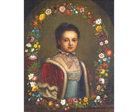 English School c.1800 Portrait of a girl in a red fur-trimmed wrap in a painted garland Oil on canvas 70 x 56cm; 27½ x 22in +