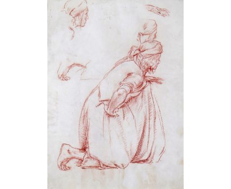 Continental School 19th Century Study of a man kneeling Red chalk 36.5 x 26cm; 14¼ x 10¼in ++Some light staining to paper and