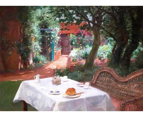 John Shirley-Fox (c.1860-1939) The White Tablecloth Signed Oil on canvas 46 x 61cm; 18 x 24in With a small oil sketch of a la