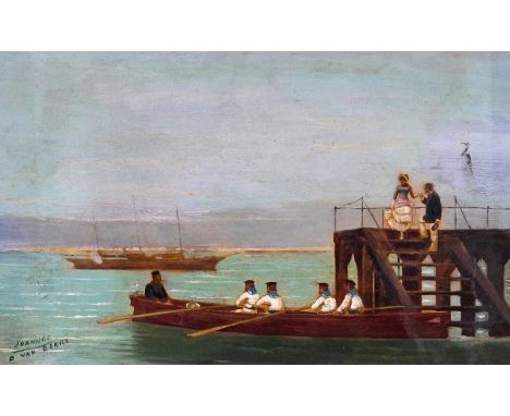 After Jan Van Beers Boarding a rowing boat Oil on panel over a printed base 11.75 x 19cm; 5 x 7½in ++Some areas of rubbing an