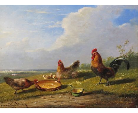 Franz Van Severdonck (Belgian 1809-1889) A rooster, hens and chicks feeding Signed and dated 1859 Oil on panel 17 x 22.5cm; 6