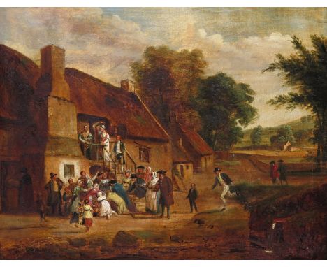Follower of David Teniers  A village scene with figures gathered by a house Oil on canvas 35.5 x 45.5cm; 14 x 18in ++Old lini