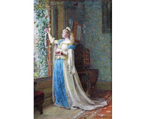 William Jabez Muckley (1837-1905) Portrait of a lady holding pearls at a window Signed and dated 1876 Watercolour with bodyco