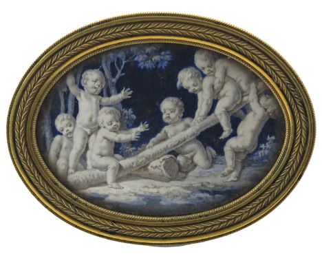 λ Continental School 19th Century Putti playing on a seesaw  Oval in a gilt frame 54 x 75mm
