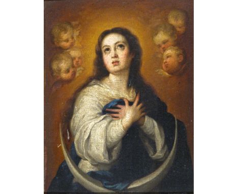 Follower of Bartolomé Esteban Murillo Madonna and putti Oil on canvas, laid on panel 22.5 x 18cm; 9 x 7½in ++Two or three scr