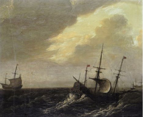 English School 19th Century Ships in a swell Oil on panel 30 x 42cm; 12 x 16½in ++Extensive craquelure/creasing to paint surf