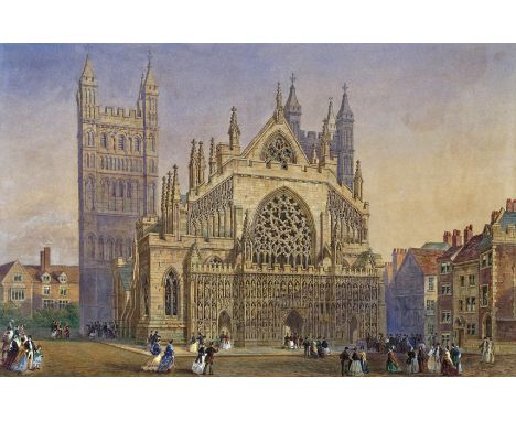 John Edmund Buckley (1824-1876) Elegant figures outside Exeter Cathedral Bears signature and date Watercolour 36.5 x 56.5cm; 
