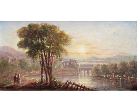 Attributed to James Baker Pyne (1800-1870)  Sunset over a river landscape Signed with initials  Oil on panel 14 x 25.5cm; 5½ 