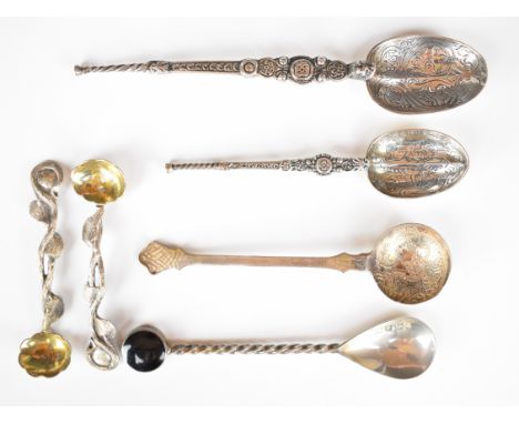 Hallmarked silver spoons comprising two commemorative anointing spoons, Ralph Weston Whitby jet spoon,&nbsp;Isle of Mull Silv