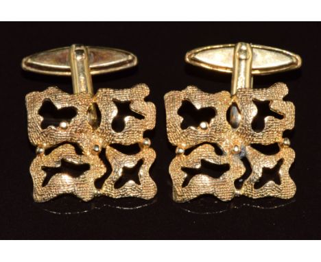 A pair of 9ct gold cufflinks with textured decoration (one soldered), 10g