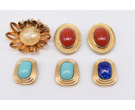 Two pairs of Christian Dior earrings and a Grosse brooch