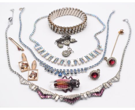 A collection of Art Deco jewellery including Empire bracelet, diamant&eacute; necklace, insect brooch, paste earrings, paste 