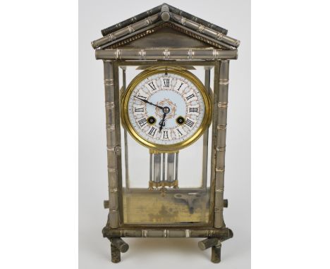 Japy Fr&egrave;res French four glass mantel clock, the silver plated faux bamboo case with bevelled glass panels, the decorat