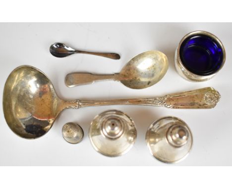 Hallmarked silver items comprising Mappin &amp; Webb ladle, Sheffield 1987, length 18cm, hallmarked silver salt, pepper and m