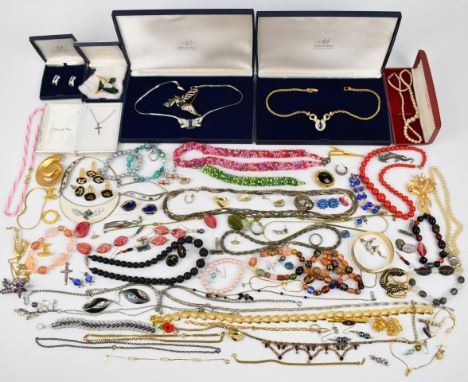 Costume jewellery including two necklaces, a pair of earrings and a brooch by Attwood &amp; Sawyer, silver cross and chain, D