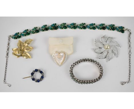 Coro necklace, Empire bracelet, Sarah Coventry brooch, mother of pearl brooch and two others