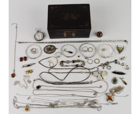 A collection of silver jewellery including fob watch, Victorian clasp, six rings, four bangles one 1940's with Greek key deco