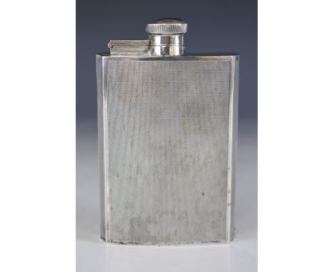 Art Deco hallmarked silver hip flask of curved form, with engine turned decoration and hinged bayonet cap, Sheffield 1948, ma