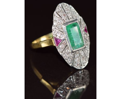 Art Deco 18ct gold ring set with an emerald cut emerald, transitional cut diamonds and trillion cut rubies, 7.1g, size L
