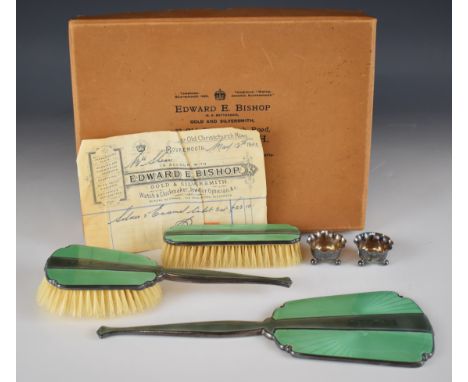 Art Deco green guilloch&eacute; enamel and hallmarked silver dressing table set comprising hand mirror and two brushes, Birmi