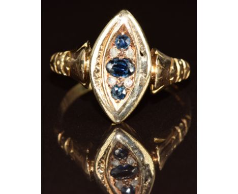 Victorian 18ct gold ring set with sapphires and diamonds in a marquise shaped setting, 4g, size Q/R&nbsp;