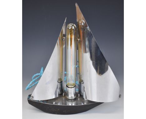 Art Deco chrome and cast iron table lamp formed as a sailing ship or boat, with registered design number 875880 to deck, heig