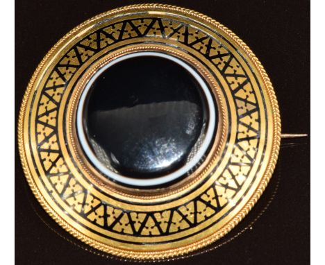 Victorian brooch set with banded agate and enamel, verso a locket compartment and engraved 'H.J.D 30th May 1868', 4cm&nbsp;