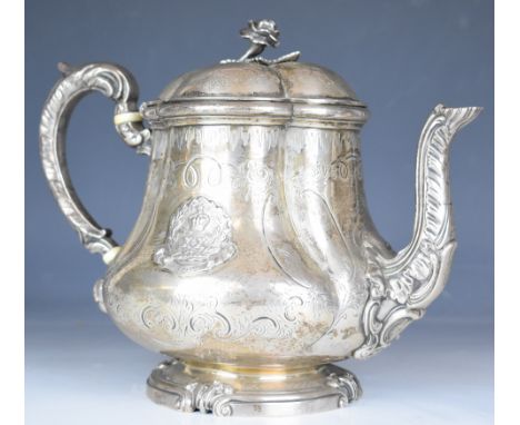 Garrard Victorian hallmarked silver teapot, of lobed design with applied motif for the XX East Devon military regiment, Londo