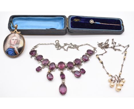 A 9ct gold stick pin set with a diamond (1.1g), Victorian yellow metal pendant set with a portrait miniature verso mother of 