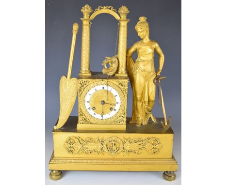 19thC gilt metal figural mantel clock with Cupid hanging beneath a bower, the two train movement stamped LH, striking on a be