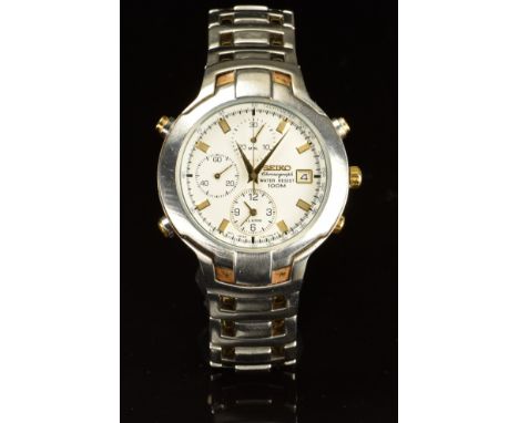 Seiko gentleman's chronograph wristwatch ref. 7T32-7G90 with alarm, date aperture, gold hands and hour markers, white dial, s