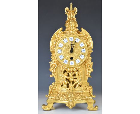 19thC French style gilt mantel clock with enamel Roman numerals, height 35.5cm