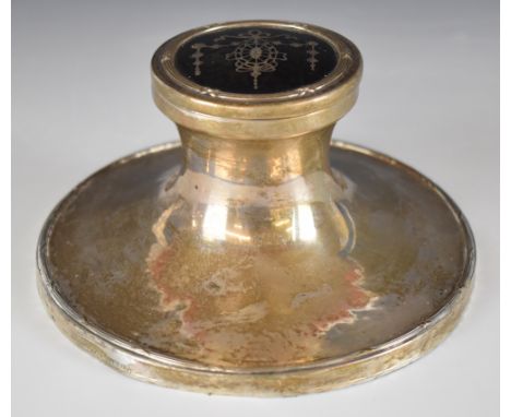 George V large hallmarked silver capstan inkwell with picquet work tortoiseshell lid, Birmingham 1910, maker&nbsp;E S Barnsle