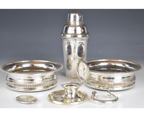 Hallmarked silver capstan style inkwell, hallmarked silver miniature compact with engine turned decoration, silver plated ban