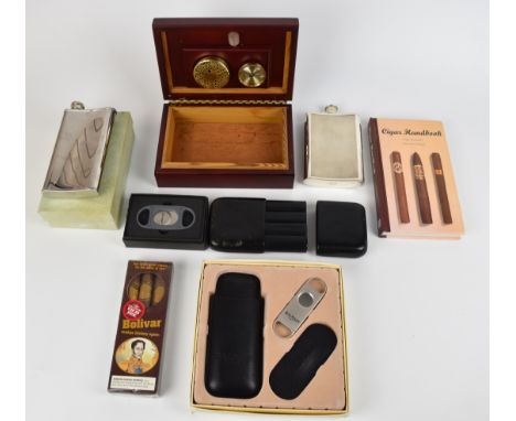 Cigar related ephemera including small travelling humidor, length 22cm x depth 14cm x height 7cm, Xiar cigar cutter, Pierre B