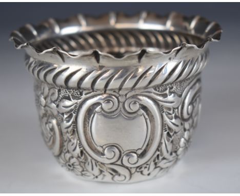 Victorian hallmarked silver bowl with embossed floral decoration and crimped edge, London 1896, maker&nbsp;William Hutton &am