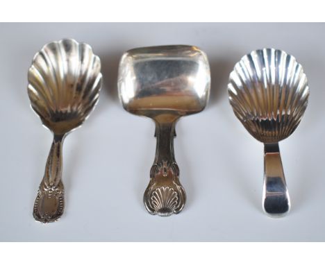 Three Georgian and later hallmarked silver caddy spoons comprising a shell bowl example, London 1800, maker&nbsp;Edward Mayfi