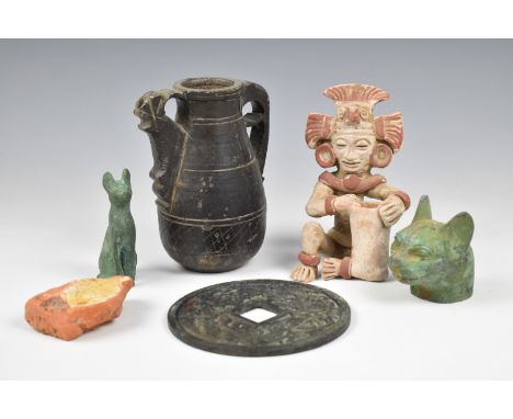 Ancient and ancient style items including bronze cats, Islamic stone flagon (height 15cm), tile fragment etc