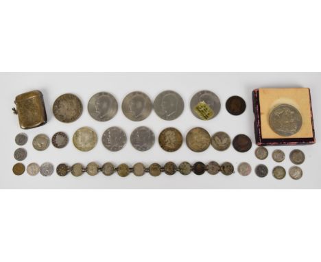 World coinage to include United States 1921 Morgan dollar, 1954 Liberty half dollar, 1903 five cents, 1762 George III maundy 