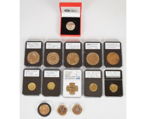 A collection of &pound;5 coins etc together with three 2016 &pound;1 coins without heads obverse, WW1 aviation first release 