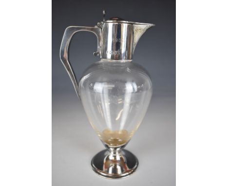 Edward VII hallmarked silver mounted glass claret jug with hinged lid engraved with crest for the 4th Battalion Royal Dublin 