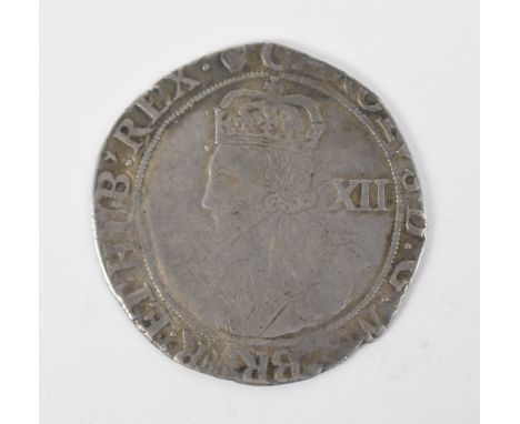 Charles I hammered shilling 1625-49 harp mintmark tower mint, larger bust with rounded shoulder, reverse with quartered shiel